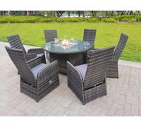 Fimous Rattan Garden Furniture Gas Fire Pit Round Dining Table And Chairs 6 Seater Plus Round Table Dark Grey