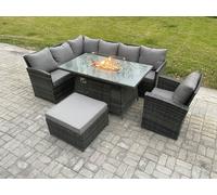 Fimous Rattan Garden Furniture High Back Corner Sofa Gas Fire Pit Dining Table Sets Gas Heater with Armchair Big Footstool 8 Seater Dark Grey Mixed