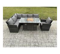 Fimous Rattan Garden Furniture High Back Corner Sofa Gas Fire Pit Dining Table Sets Gas Heater with Armchair 7 Seater Dark Grey Mixed