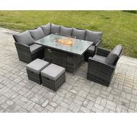 Fimous Rattan Garden Furniture High Back Corner Sofa Gas Fire Pit Dining Table Sets Gas Heater with Armchair 2 Small Footstools in Dark Grey Fimous Dark Grey