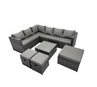 Fimous Rattan Garden Furniture Patio Furniture Sets with Corner Sofa Square Coffee Table 3 Footstools Dark Grey Mixed