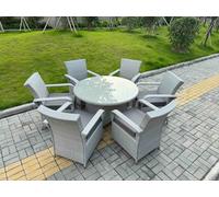 Fimous Rattan Garden Furniture Set 1 Big Round Coffee Table & 6 Seater Chairs in Light Grey Fimous Light Grey