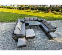 Fimous Rattan Garden Furniture Set 12 Seater Patio Outdoor Lounge Sofa Set with 2 Side Tables Rectangular Dining Table 3 Footstools Dark Grey Mixed