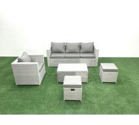 Fimous Rattan Garden Furniture Set 3 Seater Sofa Chair Rectangular Coffee Table Big Stool Light Grey 6 Seater