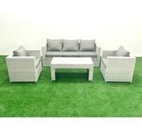 Fimous Rattan Garden Furniture Set 4 Pieces Outdoor Garden Sofa Oblong Coffee Table Set 2 Chairs Light Grey