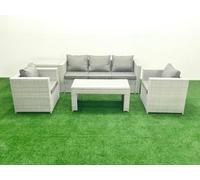 Fimous Rattan Garden Furniture Set 5 Pieces Outdoor Garden Sofa Oblong Coffee Table Set 2 Chairs Side Tabe Light Grey