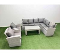 Fimous Rattan Garden Furniture Set 5 Pieces Outdoor Garden Sofa Oblong Coffee Table Set With 2 Chairs Light Grey Mixed