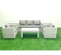 Fimous Rattan Garden Furniture Set 6 Pieces Outdoor Garden Sofa Oblong Coffee Table Set 2 Chairs 2 Side Tabes Light Grey