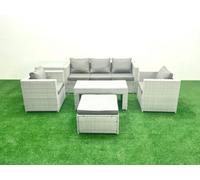 Fimous Rattan Garden Furniture Set 6 Pieces Outdoor Garden Sofa Oblong Coffee Table Set 2 Chairs Side Tabe Stool Light Grey