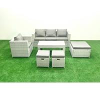 Fimous Rattan Garden Furniture Set 6 Pieces Outdoor Garden Sofa Oblong Coffee Table Set with Chair 3 Footstools Light Grey Mixed