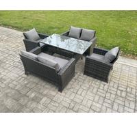 Fimous Rattan Garden Furniture Set 6 Seater Patio Outdoor Lounge Sofa Set With Oblong Dining Table Double Seat Sofa Dark Grey