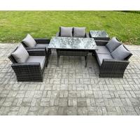 Fimous Rattan Garden Furniture Set 6 Seater Patio Outdoor Lounge Sofa Set with Oblong Dining Table Double Seat Sofa Side Table Dark Grey Mixed Dark Grey
