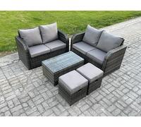Fimous Rattan Garden Furniture Set 6 Seater Patio Outdoor Lounge Sofa Set with Rectangular Coffee Table 2 Small Footstools in Dark Grey Fimous Dark Grey