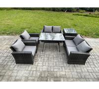 Fimous Rattan Garden Furniture Set 6 Seater Patio Outdoor Lounge Sofa Set With Rectangular Dining Table For Balcony