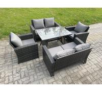 Fimous Rattan Garden Furniture Set 6 Seater Patio Outdoor Lounge Sofa Set with Rectangular Dining Table Love Seat Sofa Dark Grey Mixed