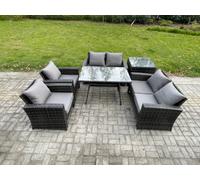 Fimous Rattan Garden Furniture Set 6 Seater Patio Outdoor Lounge Sofa Set With Rectangular Dining Table For Balcony