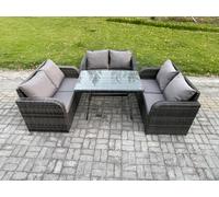 Fimous Rattan Garden Furniture Set 6 Seater Patio Outdoor Love Sofa Set with Rectangular Dining Table Dark Grey Mixed