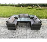 Fimous Rattan Garden Furniture Set 6 Seater Patio Outdoor Love Sofa Set with Rectangular Dining Table 2 Side Tables Dark Grey Mixed