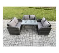 Fimous Rattan Garden Furniture Set 6 Seater Patio Outdoor Love Sofa Set with Rectangular Dining Table Dark Grey Mixed