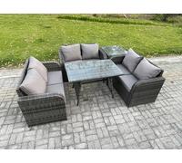 Fimous Rattan Garden Furniture Set 6 Seater Patio Outdoor Love Sofa Set with Rectangular Dining Table Side Table Dark Grey Mixed