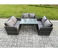 Fimous Rattan Garden Furniture Set 6 Seater Patio Outdoor Love Sofa Set with Rectangular Dining Table Dark Grey Mixed