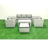 Fimous Rattan Garden Furniture Set 7 Pieces Outdoor Garden Sofa Oblong Coffee Table Set 2 Chairs 2 Side Tabes Light Grey