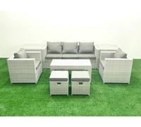 Fimous Rattan Garden Furniture Set 7 Seater Outdoor Garden Sofa Oblong Coffee Table Set 2 Chairs 2 Stools 2 Side Tables Light Grey