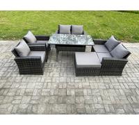 Fimous Rattan Garden Furniture Set 7 Seater Patio Outdoor Lounge Sofa Set with Oblong Dining Table Double Seat Sofa in Dark Grey Fimous Dark Grey