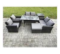 Fimous Rattan Garden Furniture Set 7 Seater Patio Outdoor Lounge Sofa Set with Oblong Dining Table Double Seat Sofa Side Table Dark Grey Mixed
