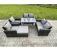 Fimous Rattan Garden Furniture Set 7 Seater Patio Outdoor Lounge Sofa Set with Rectangular Dining Table Love Seat Sofa Dark Grey Mixed