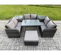 Fimous Rattan Garden Furniture Set 7 Seater Patio Outdoor Love Sofa Set with Rectangular Dining Table 2 Side Tables Big Footstool Dark Grey Mixed