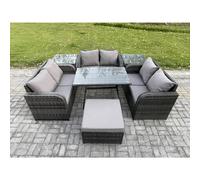 Fimous Rattan Garden Furniture Set 7 Seater Patio Outdoor Love Sofa Set with Rectangular Dining Table 2 Side Tables Big Footstool Dark Grey Mixed