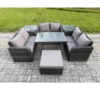 Fimous Rattan Garden Furniture Set 7 Seater Patio Outdoor Love Sofa Set with Rectangular Dining Table 2 Side Tables Big Footstool Dark Grey Mixed