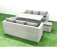 Fimous Rattan Garden Furniture Set 8 Seater Outdoor Sofa Set with Dining Table 2 Small Footstools Light Grey Mixed
