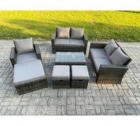 Fimous Rattan Garden Furniture Set 8 Seater Patio Outdoor Lounge Sofa Chair Set with Rectangular Coffee Table 3 Footstools Dark Grey Mixed