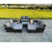Fimous Rattan Garden Furniture Set 8 Seater Patio Outdoor Lounge Sofa Set with Rectangular Coffee Table 2 Big Footstool Dark Grey Mixed