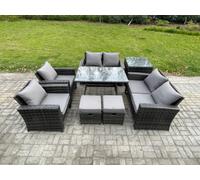 Fimous Rattan Garden Furniture Set 8 Seater Patio Outdoor Lounge Sofa Set With Rectangular Dining Table Love Seat Sofa Side Table