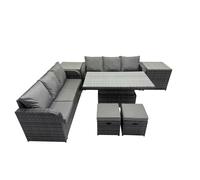 Fimous Rattan Garden Furniture Dining Set 8 seater Height Adjustable Rising Table Sofa Set with 2 Side Table 2 Small Footstools Dark Grey Mixed