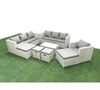 Fimous Rattan Garden Furniture Set 9 Pieces Outdoor Garden Sofa Chair Coffee Table Set Side Table 4 Stools Light Grey