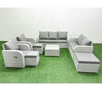 Fimous Rattan Garden Furniture Set Adjustable Chair Sofa Double Love Seat 2 Seater Sofa Square Coffee Table 3 Stools Side Table Light Grey