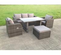 Fimous Rattan Garden Furniture Set Adjustable Chair Sofa Lounge 3 Seater Sofa Rectangular Dining Black Glass Table Footstool