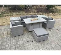 Fimous Rattan Garden Furniture Set Gas Fire Pit Lounge Sofa Chair Dining Set With 2 Side Table And 2 PC Arm Chair Footstool