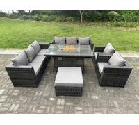 Fimous Rattan Garden Furniture Set Gas Fire Pit Lounge Sofa Chair Dining Set with Arm Chair Stools