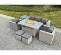 Fimous Rattan Garden Furniture Set Gas Fire Pit Lounge Sofa Chair Dining Set With Side Table And 2 PC Arm Chair Stools