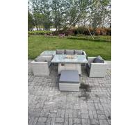 Rattan Garden Furniture Set Gas Fire Pit Lounge Sofa Chair Dining Set With Side Table Fimous Light Grey One Size