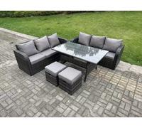 Fimous Dark Grey PE Wicker Rattan Garden Furniture Set Lounge Sofa 3 Seater Sofa Set Outdoor Rectangular Dining Table With 2 Stools 8 Seater