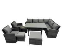 Fimous Rattan Garden Furniture Set Outdoor 11 Seater Patio Dining Corner Sofa Sets with Dining Table Chair Dark Grey Mixed
