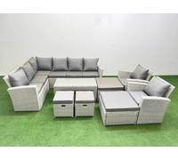 Fimous Rattan Garden Furniture Set Outdoor 12 Seater Corner Sofa Sets With Oblong Coffee Table Chair 4 Footstools Light Grey Mixed