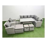 Fimous Rattan Garden Furniture Set Outdoor 12 Seater Patio Dining Corner Sofa Sets with Dining Table Chair 4 Footstools Light Grey Mixed