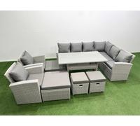 Fimous Rattan Garden Furniture Set Outdoor 12 Seater Patio Dining Corner Sofa Sets With Dining Table Chair 4 Footstools Light Grey